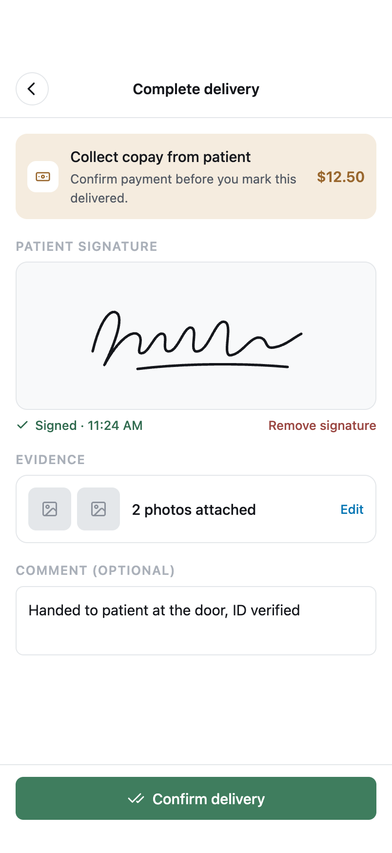 Signature and photo proof of delivery in the driver app