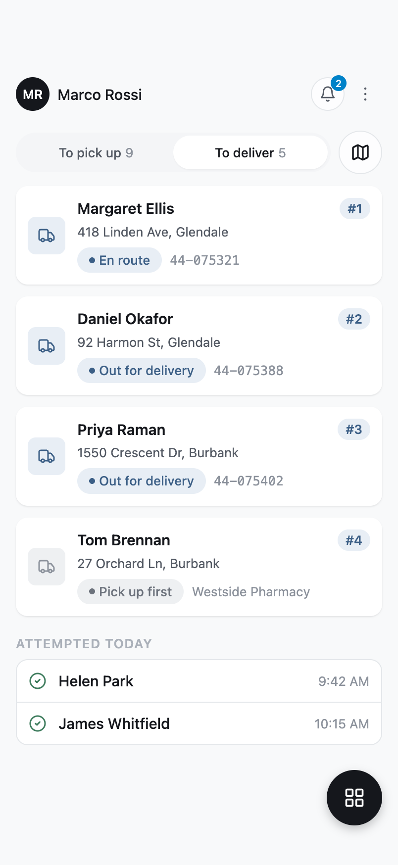 Today's stops in the driver app
